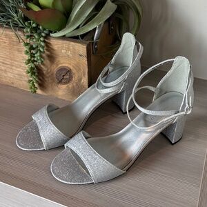 NWOT Silver Glitter Jackie Sandal Block Heel Ankle Strap